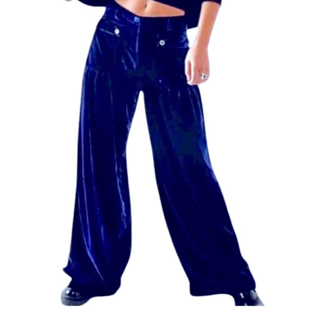 Free People WE THE FREE Lotus Velour Pants Boho Cinch Hem Oceana Blue Size 25 - Picture 1 of 9